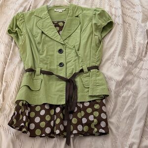 Studio I Light Green Blazer with Brown Details and Brown Polka Dot Skirt